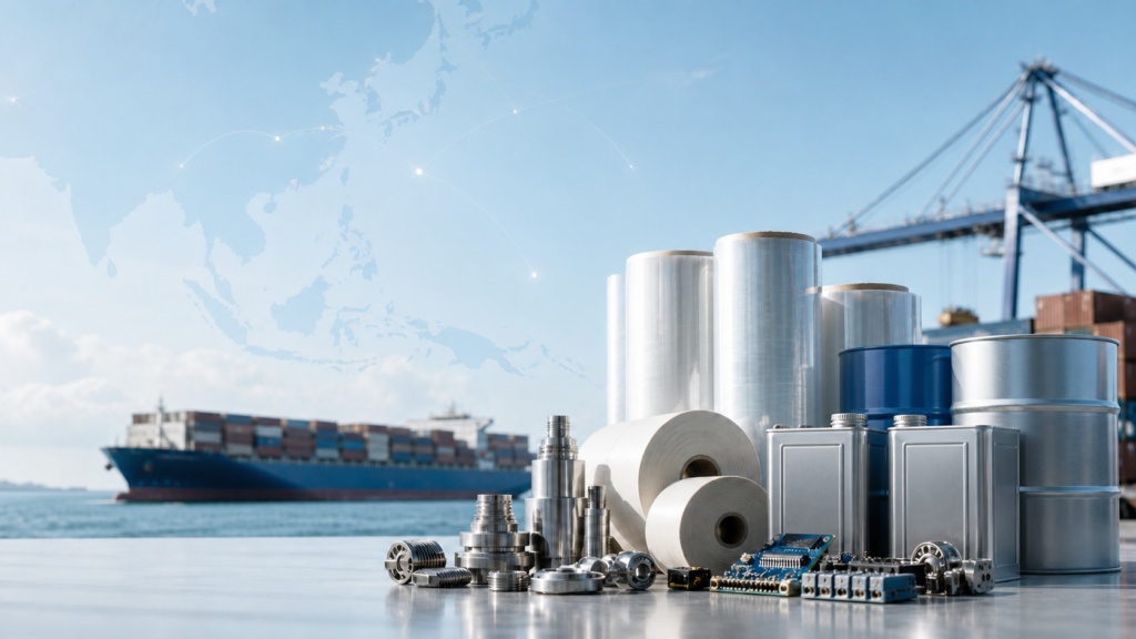 Global sourcing from China and Asia, including film, precision parts, electronic components, metal cans and steel drums