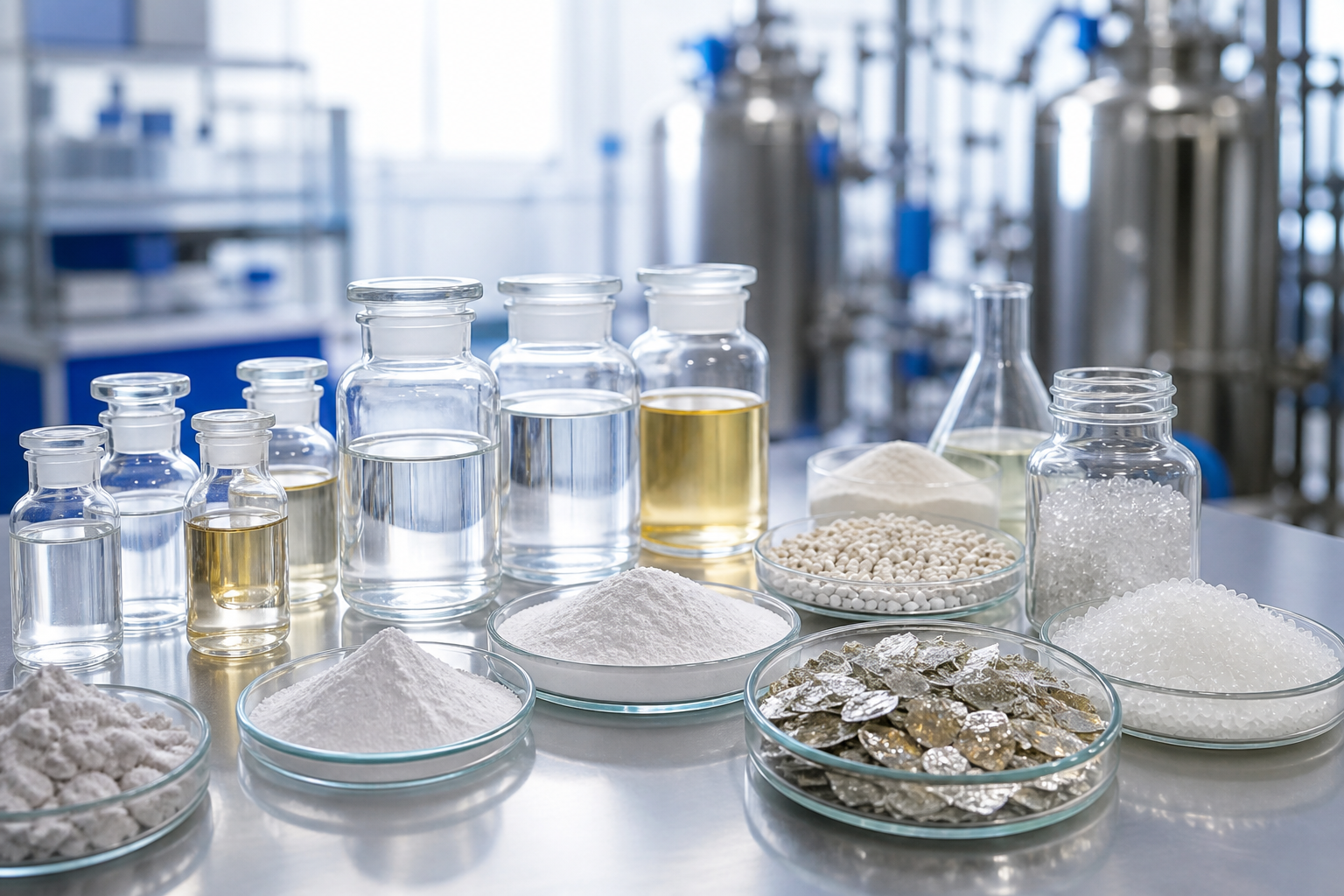 Solvents, additives, titanium dioxide, silica, mica, and other basic chemicals